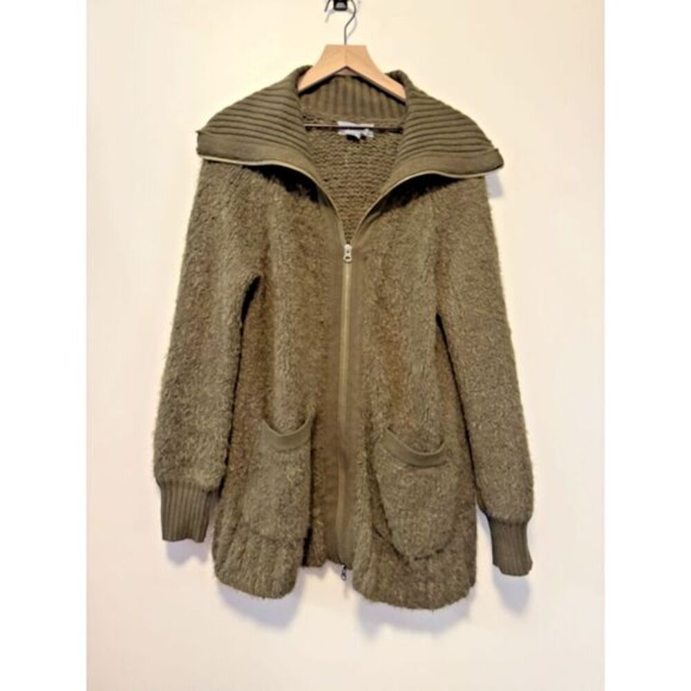 Anthropologie Bethenny Zip-Front‎ Cardigan Olive Size Medium Fuzzy Double Zipper